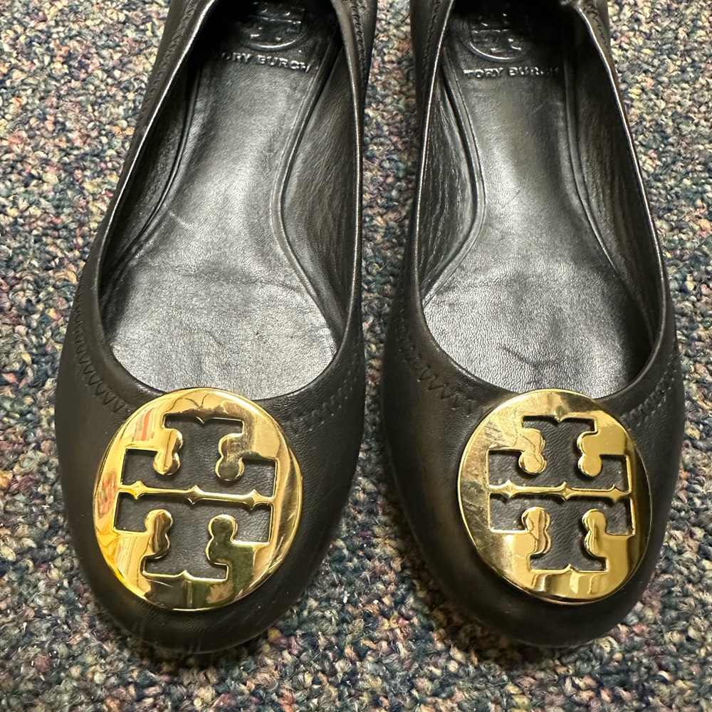 Tory Burch Black Flats with Gold Logo